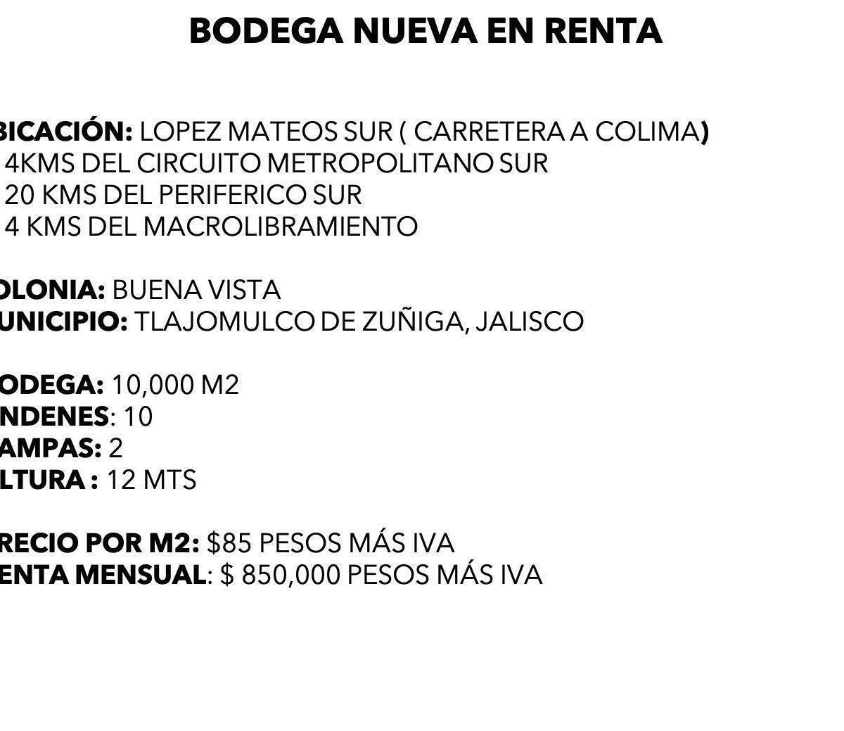 BODEGA EN RENTA LOPEZ MATEOS SUR NUEVA