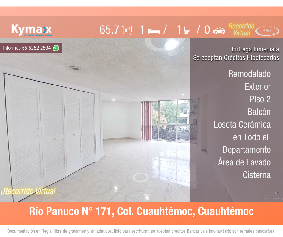 Excelente departamento 65.771.19 m2 Col. Cuauhtémoc, Cuauhtémoc