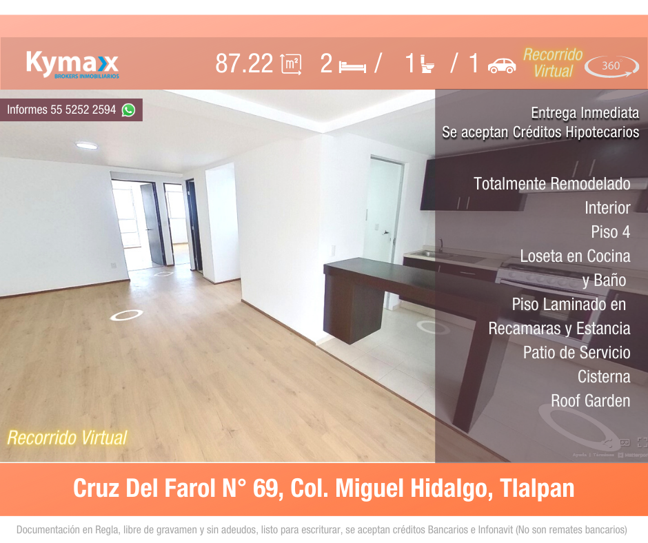 Excelente departamento 87.22 m2 Col. Miguel Hidalgo, Tlalpan