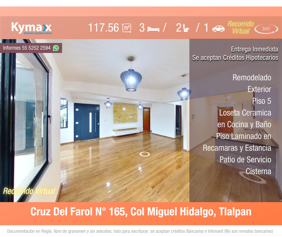 Excelente departamento 117.56 m2 Col. Miguel Hidalgo, Tlalpan