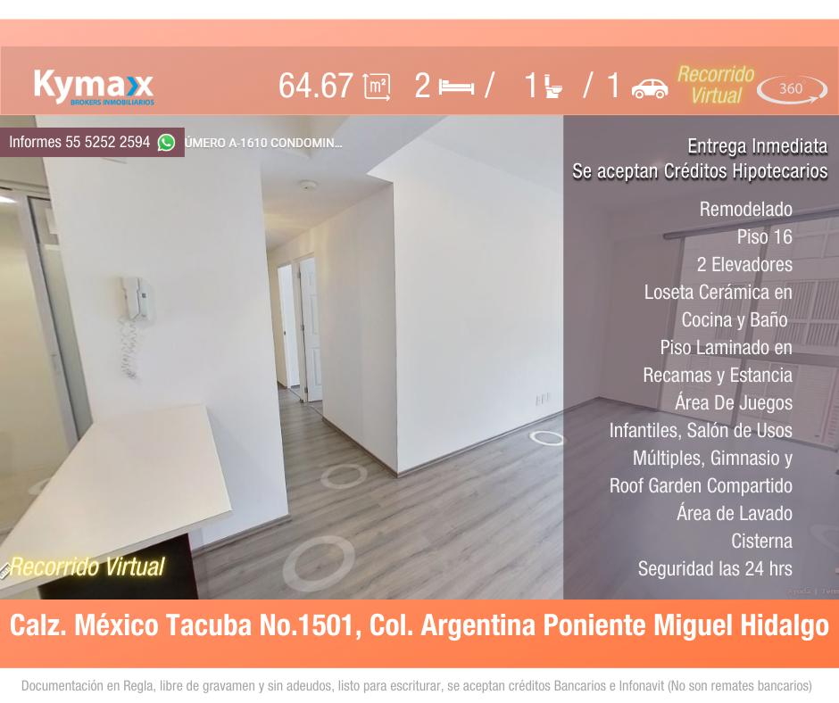 Excelente departamento 64.67 m2 Col. Argentina Poniente, Miguel Hidalgo