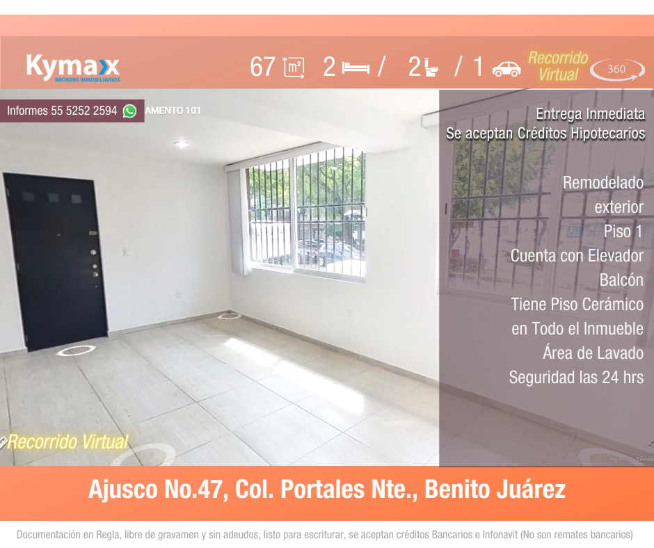 Excelente departamento 67 m2 Col. Portales Nte, Benito Juárez