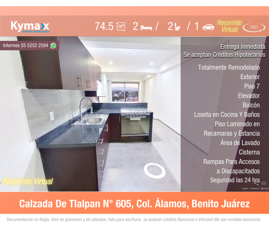 Excelente departamento 74.5 m2 Col. Álamos, Benito Juárez