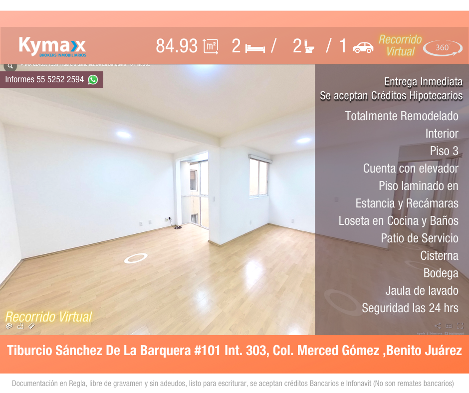 Excelente departamento 84.93 m2 Col. Merced Gómez, Benito Juárez