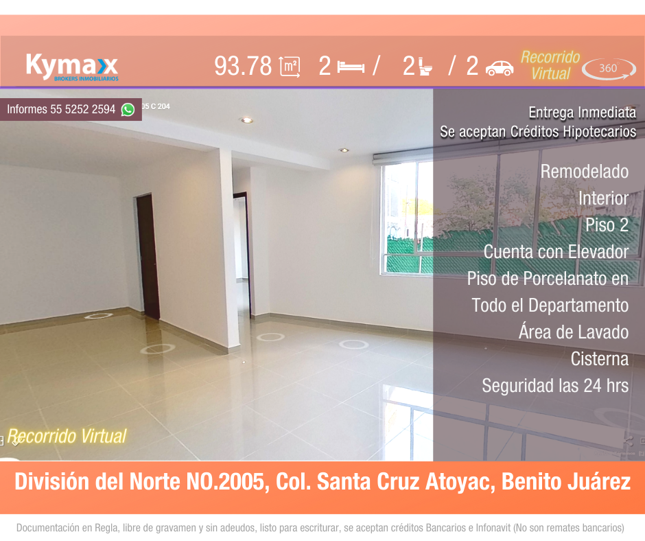 Excelente departamento 93.78 m2 Col. Santa Cruz Atoyac, Benito Juárez