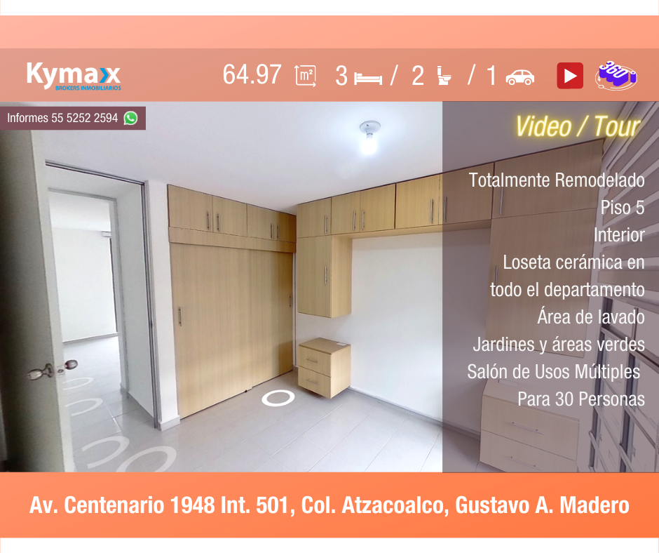 Precioso departamento Remodelado 64.97 m2 Col. Atzacoalco, Gustavo A. Madero