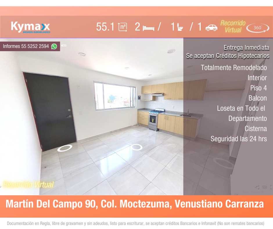 Excelente departamento 55.1 m2 Col. Moctezuma, Venustiano  Carranza