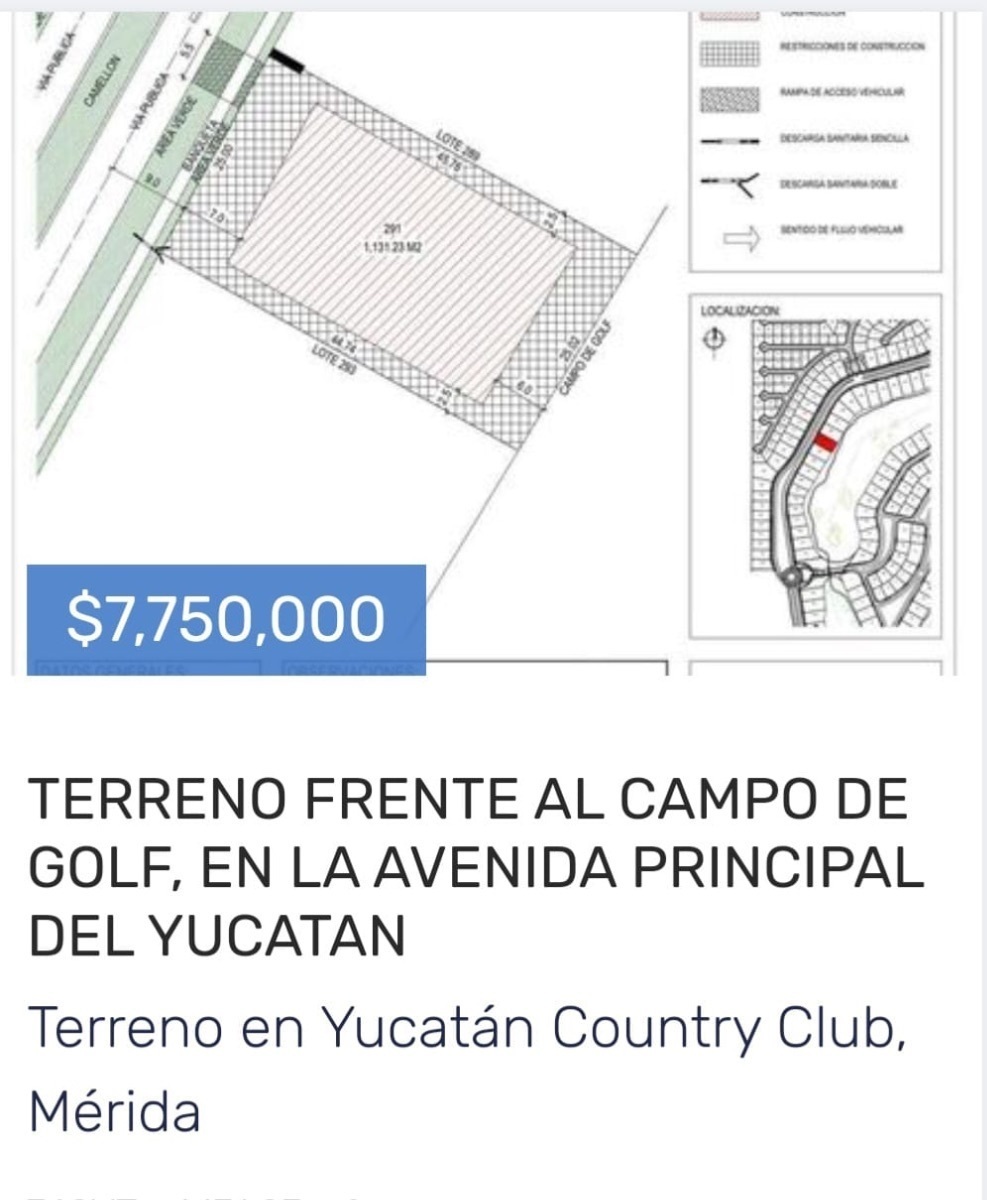 VENTA TERRENO UNICA OPORTUNIDAD YUCATAN COUNTRY CLUB